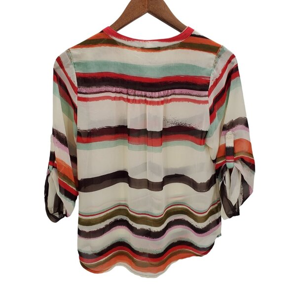 Bar III Womens M Multicolor Striped Button Front Long Sleeve Sheer Blouse Top - Picture 4 of 14